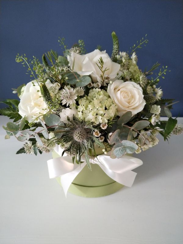 Floriana Floristry Hat Box - white flowers with green foliage in hat box