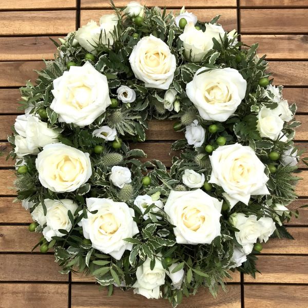 Farewell Flower wreath by Floriana Floristry with white roses